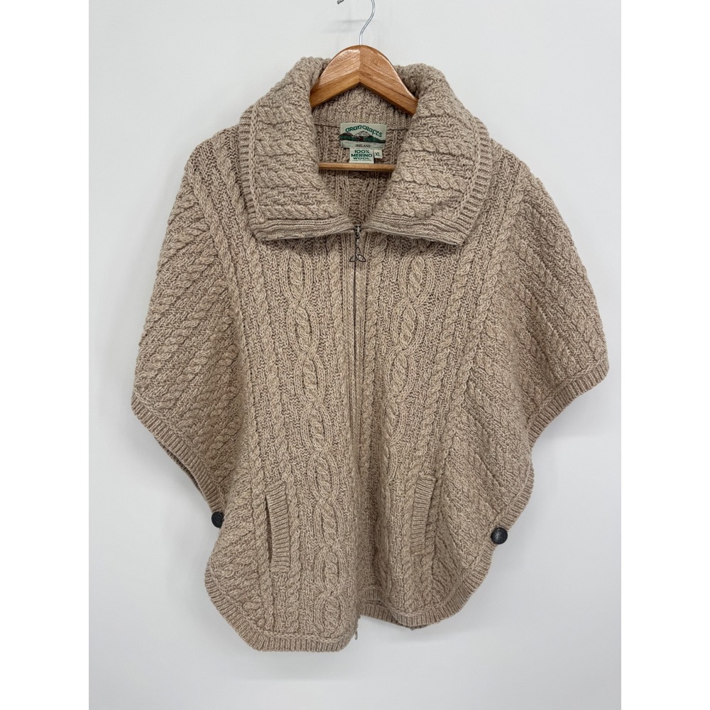 Aran Crafts Zip Front Poncho Women XL Wool Cable Knit Irish Cape Fisherman